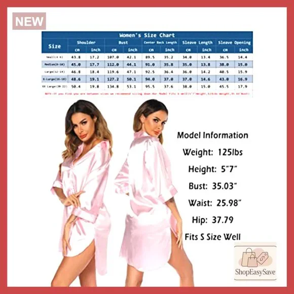 Satin Nightgown 3/4 Sleeve Button Down Boyfriend Sleepshirt Loose Fit Elegant